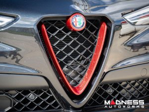 Alfa Romeo Stelvio Front V Shield Grill Frame + Emblem Frame Kit - Carbon Fiber - QV Model - Red Candy